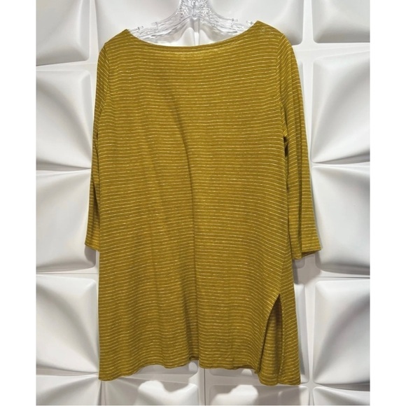 Eileen Fisher Sz S 100% Organic LINEN Mustard Yellow Striped Knit Tunic Top Tee - Picture 3 of 5